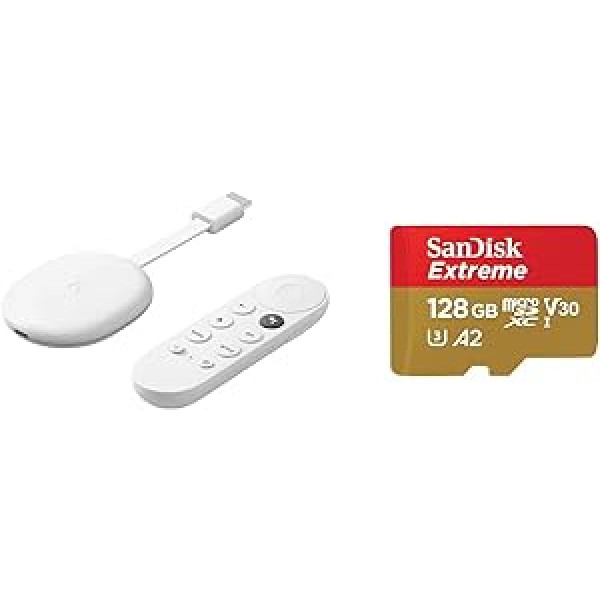 Chromecast ar Google TV Snow Chromecast franču valodā un SanDisk Extreme microSDXC UHS-I atmiņas karte 128 GB + adapteris viedtālruņiem