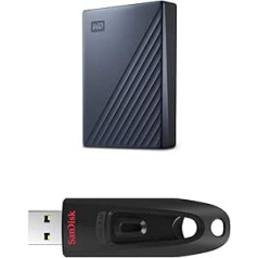 WD My Passport Ultra mobilā krātuve 5 TB (metāla korpuss, WD Discovery programmatūra, automātiska dublēšana, paroles aizsardzība) zils + SanDisk Ultra 64 GB USB zibatmiņas disks USB 3.0 līdz 130 MB/s