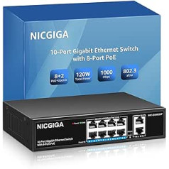 10 prievadų Gigabito PoE jungiklis, nevaldomas su 8 prievadais, IEEE802.3af/at PoE+@120W, 2 x 1G Uplink, NICGIGA 10 prievadų tinklo maitinimo per Ethernet jungiklis, VLAN režimas, 250 m išplėtimas, prijunkite ir leiskite