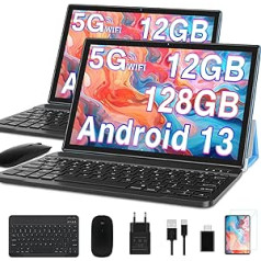 2024 m. planšetinis kompiuteris 10 colių Android 13 12GB RAM + 128GB ROM (TF 1TB), WiFi 5G/2.4G + Bluetooth 5.0, Google GMS, valdiklis, GPS, OTG, Type-C, 6000mAh, 8MP+5MP, planšetinis kompiuteris su dėklu, klaviatūra ir pelė, mėlyna