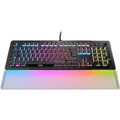 „Roccat Vulcan II Max“ – optinė/mechaninė kompiuterių žaidimų klaviatūra, pritaikomi RGB apšviečiami klavišai ir riešo atrama, titano raktų jungikliai, aliuminio dangtelis, juodas