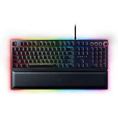 Razer Huntsman Elite (purpursarkans slēdzis) - Gaming Tastatur mit opto-mechanischen Schaltern (Drehregler, beleuchteter Handballenablage, RGB Chroma) QWERTY US-Layout | Švarcs