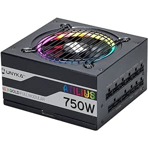 UNYKAch ATX ATLIUS 750 W juodas pilnas modulinis maitinimo šaltinis su RGB apšvietimu, 90% efektyvumas, 120 mm ventiliatorius, ypač tylus ir apsauga nuo viršsrovių