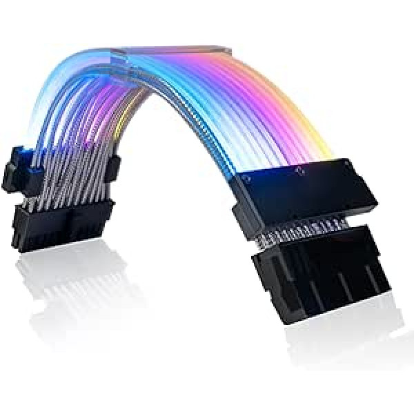 AsiaHorse 24Pin ATX Adresuojamas RGB kabelis, ARGB 24PIN pagrindinės plokštės kabelis su mova, 5V 3PIN PSU laido ilgintuvas pagrindinei plokštei, 18AWG maitinimo kabelio ilgintuvas su apšvietimu, (juostinis dizainas)