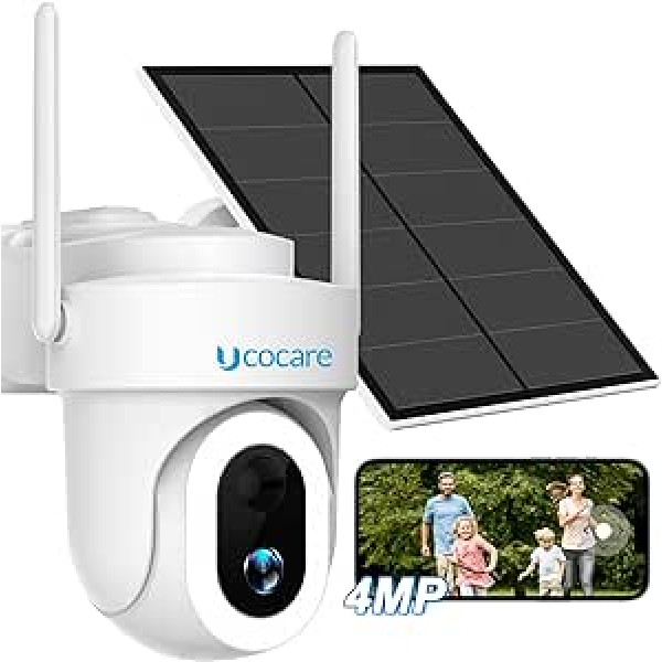 UCOCARE 4MP QHD āra saules novērošanas kamera ar 14 LED gaismām, 360°/120° PTZ kamera WLAN āra ar akumulatoru 15000 mAh un 5W saules paneli, 30 m krāsu nakts redzamība, humanoīdu noteikšana/PIR