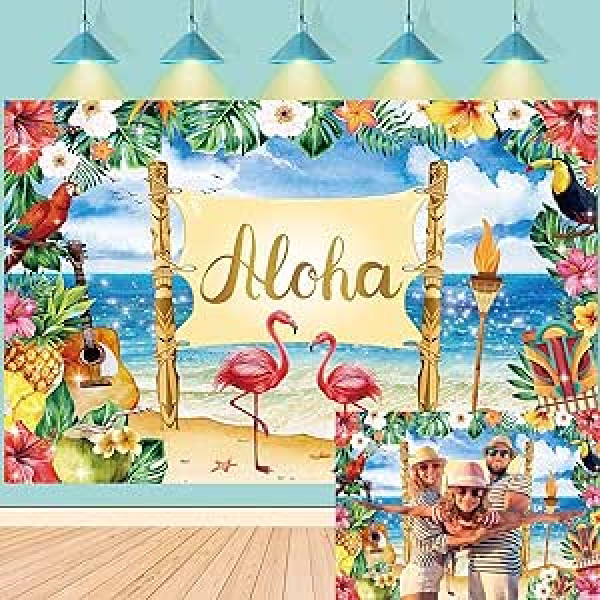 Aloha Backdrop Summer Beach Flamingo Hawaiian Luau Background for Photography 8x6ft Tropical Flower Music Party Decor Birthday Baby Shower Tiki Theme Party Accessories