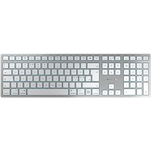 CHERRY KW 9100 Slim darbam ar Mac bezvadu tastatūra, Mac izkārtojums, Ziemeļvalstu izkārtojums (QWERTY), izvēles Bluetooth vai bezvadu savienojums, uzlādējams, plakans dizains, balts/sudrabs