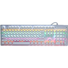 Retro vadu spēļu tastatūra, mehāniskā tastatūra, apgaismota tastatūra, vadu jauktas gaismas tastatūra ar 104 taustiņiem, izklaidei, biroja spēles (balta)