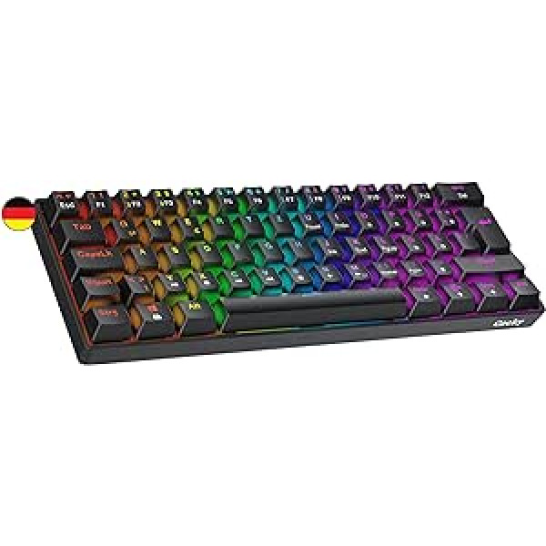 Geeky GK61 SE 60 % mechaninė žaidimų klaviatūra, 62 klavišų kelių spalvų RGB LED foninis apšvietimas, skirtas PC/Mac žaidėjams, ISO DE Qwertz vokiškas išdėstymas (juoda, mechaninė raudona)