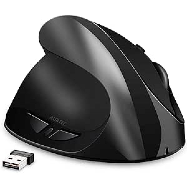 AURTEC Linkshändermaus, wiederaufladbare 2,4G-Drahtlos-Ergonomische Vertikalmäuse mit USB-Empfänger, 6 Tasten und 3 einstellbaren DPI 800/1200/1600 für Linkshänder, Schwarz