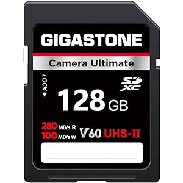 GIGASTONE UHS-II V60 128GB SD karte Ultimate kameras ātrums līdz 280/100MB/s, U3 SDXC 4K Ultra HD UHD video DSLR Canon, Nikon, Sony, Pentax, Kodak, Panasonic, Iekļauta 1 mini soma