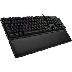 Logitech G513 mechanical gaming keyboard, GX-Brown Tactile switches, RGB lighting, USB pass-through loop wrist rest with memory foam, aluminum casing, Spanish QWERTY layout, Black