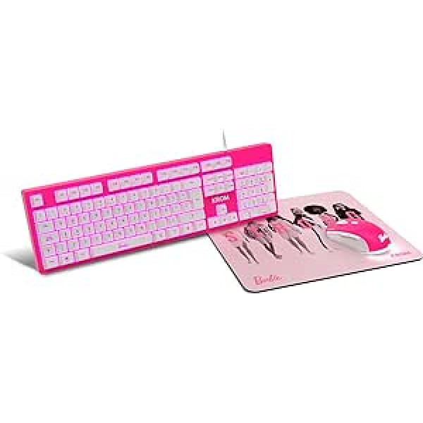 KROM Barbie Edition KANDY NXKROMKANDYB balts LED membrānas tastatūras peles optiskais sensors 6400 DPI peles paklājiņš gumijas pamatne spāņu izkārtojums rozā