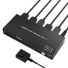 2x1 HDMI KVM jungiklis – Tendak 8K 2 prievadų HDMI 2.1 KVM jungiklis USB 3.0 kompiuterio KVM jungiklis klaviatūros pelės jungiklis su 4 USB 3.0 prievadais 8K @ 60Hz 4K @ 120Hz HDCP 2.3 palaikymas nešiojamam kompiuteriui PS5 HDTV