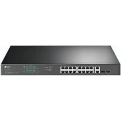 TP-Link TL-SG1218MP 16 portu Gigabitu PoE LAN slēdzis (250 vati, 16 * PoE+ pieslēgvietas, 2 * SFP porti, rackmount, IEEE-802.3af/at, Plug and Play) Melns