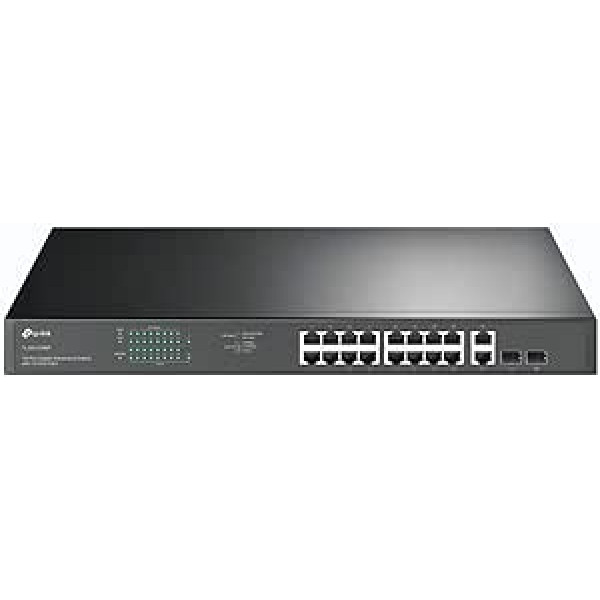 TP-Link TL-SG1218MP 16 portu Gigabitu PoE LAN slēdzis (250 vati, 16 * PoE+ pieslēgvietas, 2 * SFP porti, rackmount, IEEE-802.3af/at, Plug and Play) Melns