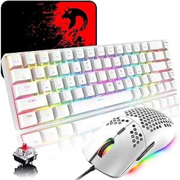 RGB spēļu tastatūras un peles komplekts, mazs, 68 taustiņu sarkans slēdzis, 60% Mini Chroma mehāniskā tastatūra, 6400 DPI viegla programmējama šūnveida pele, USB kabelis, saderīgs ar Windows Mac PS4, balts