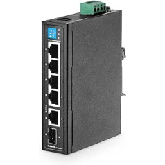 MokerLink 6 portu rūpnieciskais Din sliedes Gigabit PoE slēdzis, 4 x 100/1000 Mbps PoE pieslēgvietas, IEEE802.3af/at PoE+, 1 gigabitu augšupsaite, 1 gigabits SFP, metāla DIN-sliedes un sienas stiprinājuma Ethernet slēdzis