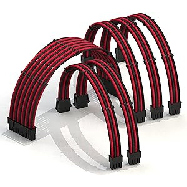 LINKUP - 30 cm PSU cable extension coated GPU custom PC power supply with comb kit - compatible with RTX3090┃1 x 24 P (20+4)┃2 x 8 P (4+4) CPU┃3 x 8 P (6+2) GPU set┃300 mm - red black