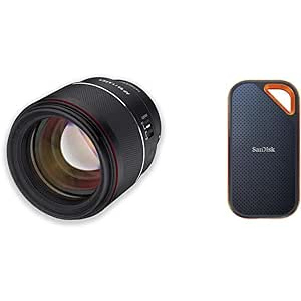 Samyang AF 85 mm F1 un SanDisk Extreme PRO portatīvais SSD ārējais SSD 1 TB (ārējais cietais disks ar SSD tehnoloģiju 2