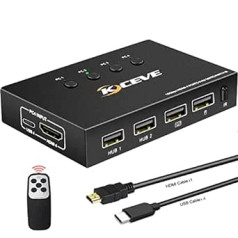 KVM Switch 4 Port Box 4K @ 60Hz, MLEEDA USB un HDMI slēdzis 4 datoriem UHD monitora un 4 USB ierīču koplietošanai, tastatūras peles printeris, ar tālvadības pulti un 5 kabeļiem