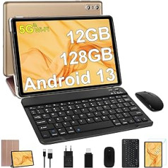 SEBBE planšetdators 10 collu Android 13 PC 12GB RAM + 128GB ROM (1TB TF) Octa-Core 2,0 GHz, Google GMS | Bluetooth 5.0 | 5G WLAN | 6000 mAh | 1280 x 800 | 5MP + 8MP ar tastatūru un peli zelta krāsā