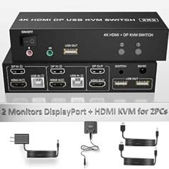 DisplayPort HDMI divu monitoru KVM slēdzis 4K @ 60 Hz 2 in 2 Out Displayport un HDMI KVM slēdzis 2 datori Koplietojiet 2 monitorus un tastatūras komplektu, peli, 2 x USB kabeli un 1 x kontrolieri