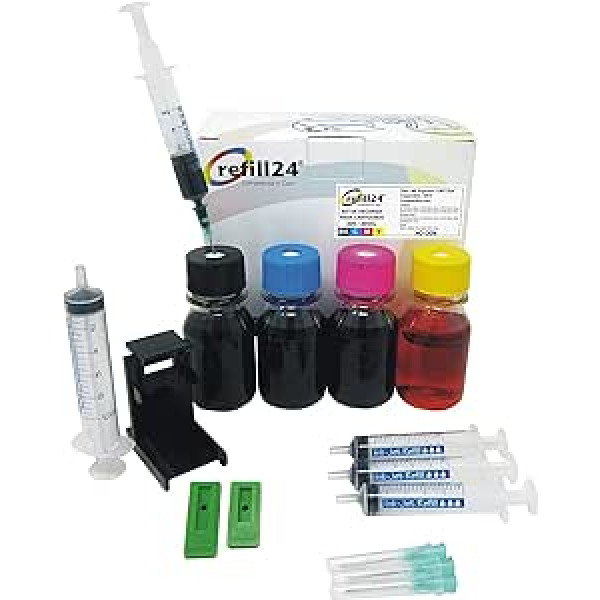 refill24 Uzpildes komplekts: Uzpildes tinte 200 ml Savietojams ar printeru kasetnēm HP 305, 305 XL, 307 XL melns un krāsains + piederumi + instrukcijas (angļu valodā netiek garantēta), uzpildes komplekts ar