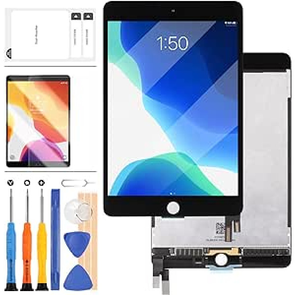 Rezerves ekrāns, kas ir saderīgs ar iPad Mini 4 A1538 A1550 7,9 collu LCD displeja skārienekrāna ciparu pārveidotāja montāžas panelis un LCD ekrāna remonta rīks + rūdīts stikls bez sākuma pogas (melns)