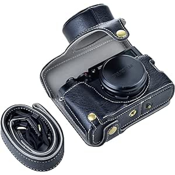 Rieibi X100V Retro ādas futrālis Fujifilm X100V digitālajai kamerai ar pārnēsāšanas siksnu un roktura somu, melns, kameras futrālis