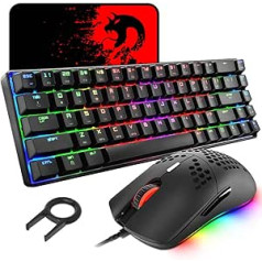 60% mehāniskā spēļu tastatūra, zils slēdzis, mini 68 taustiņi, vadu tips C, 18 fona apgaismojuma efekti + viegla optiskā RGB pele ar 6400 dpi, šūnveida pele + liels peles paliktnis — melns