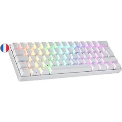 Ranked S60 Supernova mehāniskā 60 procentu tastatūra, karstās maiņas spēļu tastatūra, 62 programmējami taustiņi ar RGB apgaismojumu, PC/Mac Gamer, AZERTY French (balta, Gateron optiski zila)