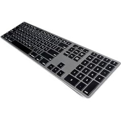 Matias FK418BTLB-DE alumīnija bezvadu tastatūra ar fona apgaismojumu USB tastatūra Bluetooth 4.0 Apple Mac OS QWERTZ vācu valoda ar plakanajiem taustiņiem un papildu ciparu tastatūru, Space Grey