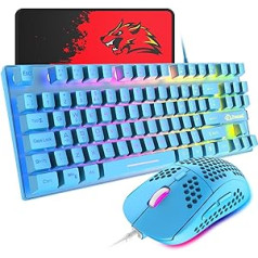 Spēļu tastatūra un pele, 88 taustiņu USB aizmugurgaismota varavīksnes tastatūra + programmējama īpaši viegla spēļu pele ar 6400 DPI datoram PC PS4 PS5 klēpjdatoram Mac (zils)