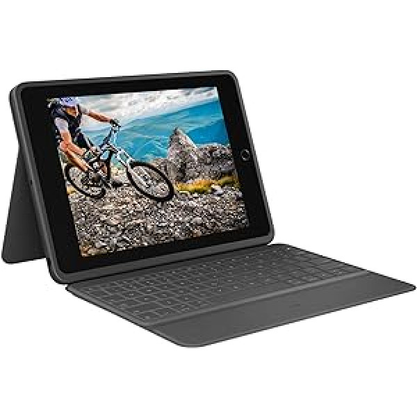 Logitech RUGGED FOLIO iPad (7. paaudze) aizsargvāciņš ar integrētu tastatūru un viedo savienotāju (modelis: A2197, A2200, A2198), spāņu QWERTY izkārtojums melns