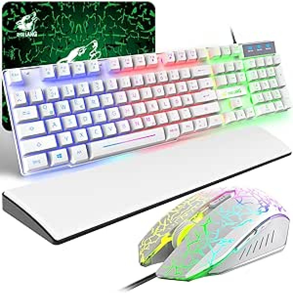 Spēļu tastatūra un pele ar plaukstas balstu, QWERTZ vācu izkārtojums Rainbow LED fona apgaismojums Ergonomiska tastatūra 6 taustiņi 2400 DPI pele un peles paliktnis operētājsistēmai Windows Mac PS4, balts