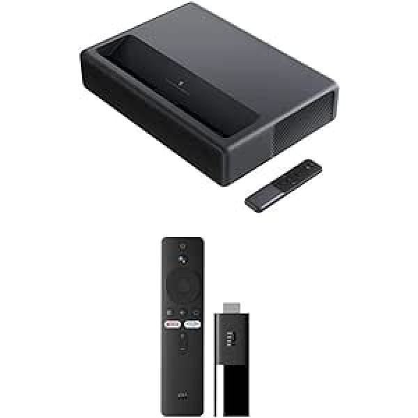 Xiaomi Mi 4K lāzera projektors 150 collu (Ultra HD, 80–150 collu ekrāna diagonāle, 1600 ANSI lūmeni) + Xiaomi Mi TV Stick ar Bluetooth tālvadības pulti ar Google palīgu un Netflix + Prime Video Quick