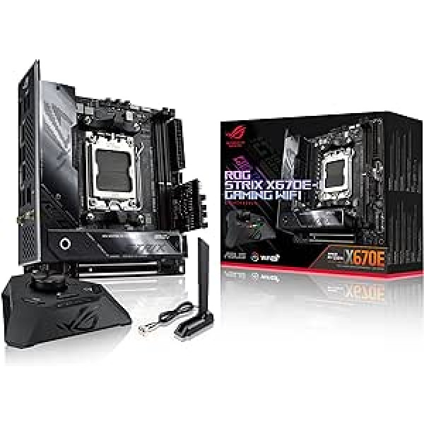 ASUS ROG STRIX X670E-I Gaming WiFi mātesplates ligzda AMD AM5 (Ryzen 7000, mini-ITX, DDR5 atmiņa, 2x M.2, USB 3.2 Gen 2x2, PCIe 5.0, 2x USB 4, M.2 aizmugures plate, WiFi 6E, Aura Sync )