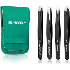 Ibuneerly Tweezers Set, 4 Pieces Tweezers for Women with Travel Leather Case, Professional Stainless Steel Eyebrow Tweezers, Facial Hair, Chip Removal (Black)