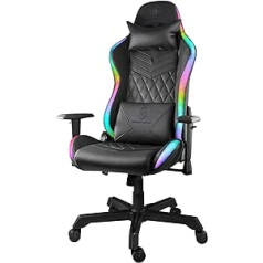 DELTACO GAMING Žaidimų kėdė - PC žaidimų kėdė su porankio atlošu ir pagalvėlėmis, Gamer fotelis biuro kėdės kėdės Ergonomiška elastinga žaidimų kėdė RGB apšvietimas dirbtinė oda 120 kg juoda