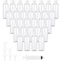 Iepakojumā 30 100 ml plastmasas pudeles Mini Caurspīdīga ceļojumu pudele Tukša Flip Cap Bottles Skaistuma izsmidzinātāja komplekts ar 6 piltuvēm / 80 gab. uzlīmes / 10 ml šļirce, kas piemērota kosmētikas ceļojumu piederumiem,