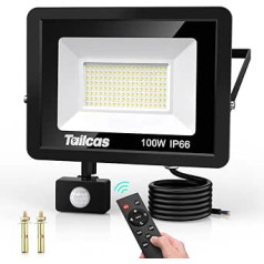 Tailcas 100 W LED prožektors ar kustības sensoru ārpus telpām, 6500 K auksti balts LED prožektors āra apgaismojumam, īpaši spilgts 9000 LM āra prožektors, IP66 ūdensnecaurlaidīga āra lampa ar tālvadības pulti