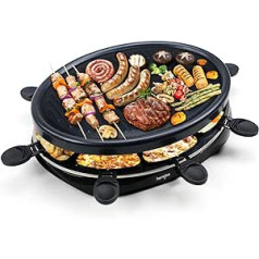 Raclette 8 personām — Raclette grils ar 8 raclette pannām un 4 koka lāpstiņām, nepiedegošs pārklājums, termostats, bārbekjū grils, elektriskā grila panna ģimenei — 1300 W