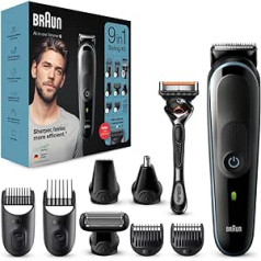 Braun Multi-Grooming Kit 5, 9 viename barzdos ir plaukų kirpimo mašinėlė plaukų šalinimui vyrams, veido, galvos, kūno plaukams, 7 priedai, dovana vyrui, MGK5380, juoda/mėlyna