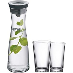 WMF Basic ūdens karafes komplekts 3 karafes 1 litrs ar 2 ūdens glāzēm 250 ml, stikla karafe ar vāku, silikona vāks, tuvplāna aizdare
