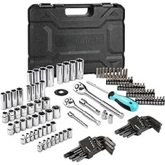 DURATECH Socket Spanner Set 121-Piece Ratchet Box Socket Set with 1/4 Inch and 3/8 Inch Reversible Ratchet, Allen Wrench, Bits, Sockets, Chrome Vanadium Steel, Includes Case