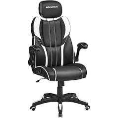 Biuro kėdė SONGMICS, žaidimų kėdė, reguliuojama galvos atrama, svirties funkcija, stalo kėdė, reguliuojami porankiai, automatiniai stabdžių ratai, reguliuojamas aukštis, juoda/balta OBG065W01