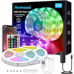 Anmossi LED sloksne 20 m, Smart Bluetooth RGB LED sloksne, SMD 5050 LED gaismas, vadāma, izmantojot lietotni un tālvadības pulti, mūzikas sinhronizācijas LED sloksne guļamistabai, viesistaba, virtuve, ballīte, televizora dekorēšana