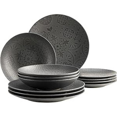 MÄSER 935076 Series Tiles Vintage Dinner Service for 4 People in Moorish Style with Modern Matte Glaze, 12-Piece Ceramic Tableware Plate Set, Stoneware, Black