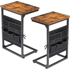 AMHANCIBLE šoninis staliukas, C formos sofos staliukas, 2 komplektas, mažas kavos staliukas, medis, naktiniai staleliai, sofos staliukas, svetainės staliukas su reguliuojamomis kojomis, metalinis rėmas, pramoninis dizainas, tamsiai ruda